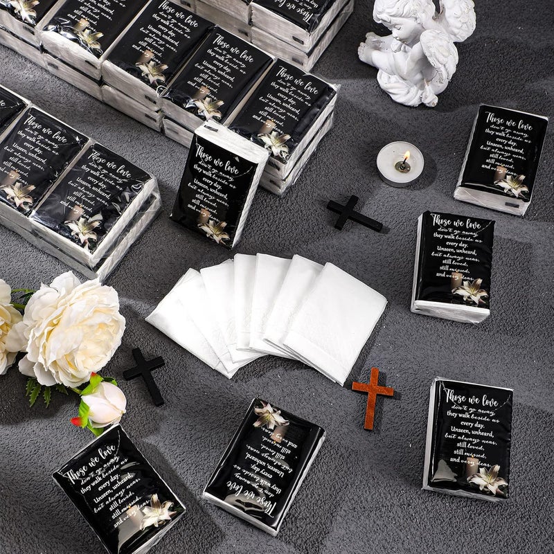 Fumete 100 Packs Memorial Facial Tissues Those We Love Don't Go Away Inspirational Poem Pocket Tissues 3 Ply Napkins Packs Funerals Wedding Supplies for Family Relatives Guests, 700 Sheets(Black) - Image 5